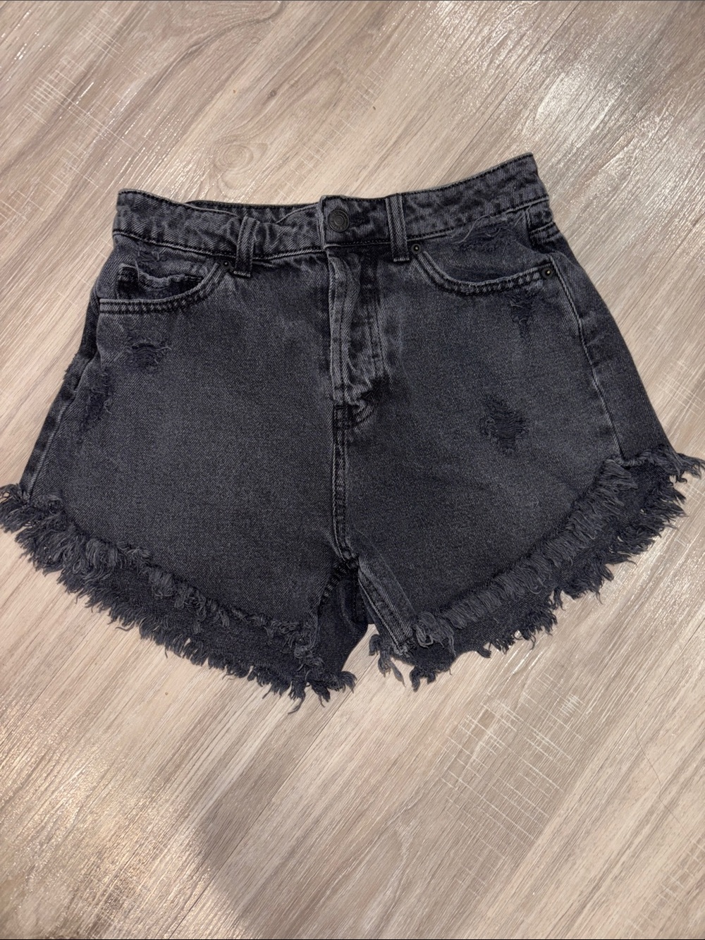 High-Waist Black Frayed Denim Shorts